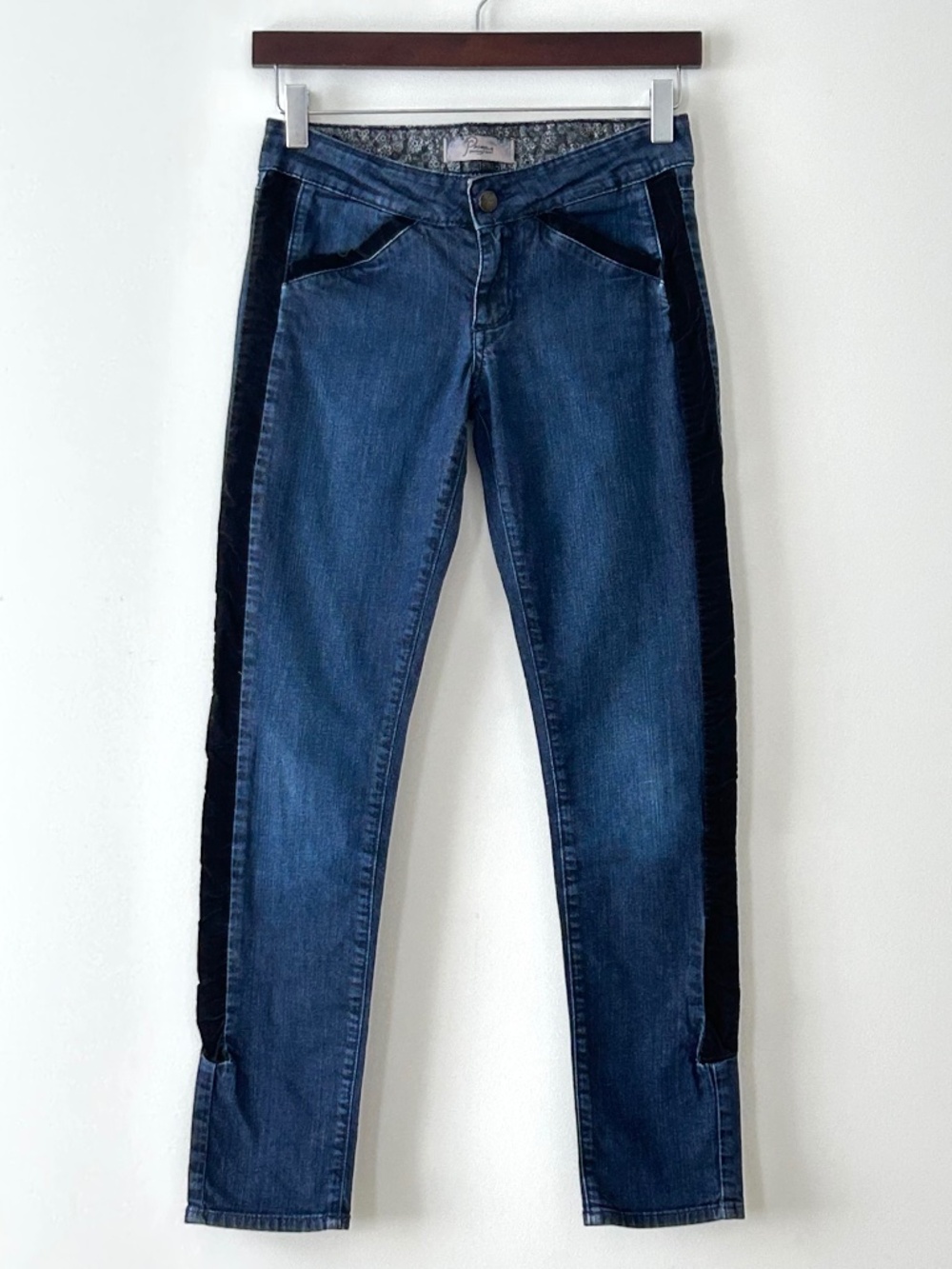 Paige Blue Denim & Black Velvet Skinny Jeans Size 24